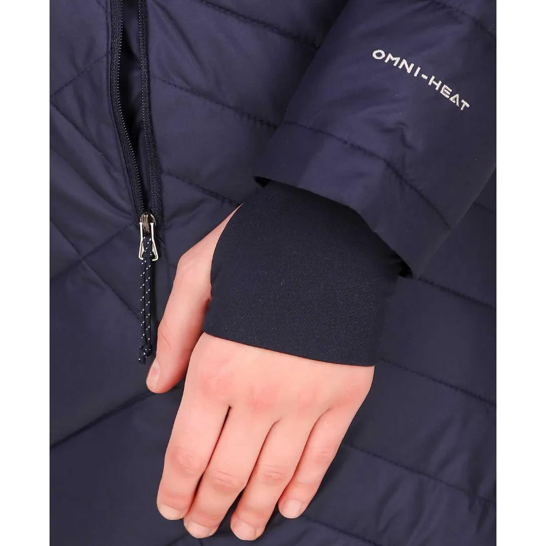 Columbia Women Navy Blue Heavenly Long Hooded Jacket Reflective accents Printed