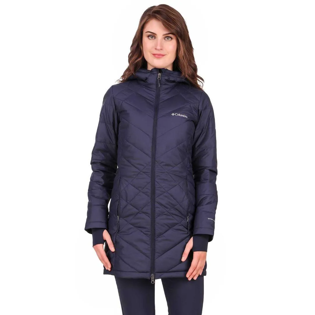 Columbia Women Navy Blue Heavenly Long Hooded Jacket Hooded Storage Compartment