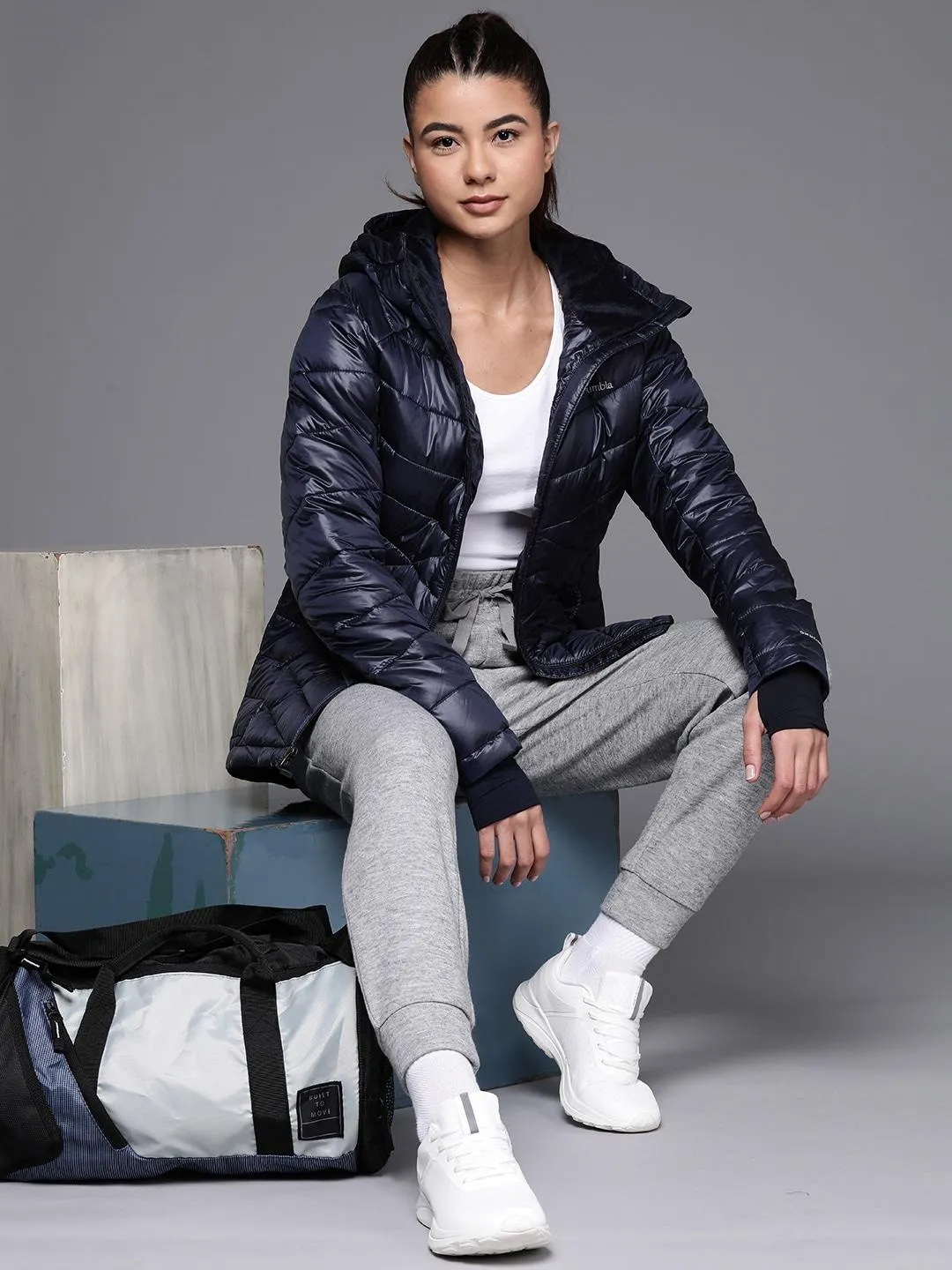 Columbia Women Navy Blue Joy Peak Hooded Jacket Mask Lightweight Warmth