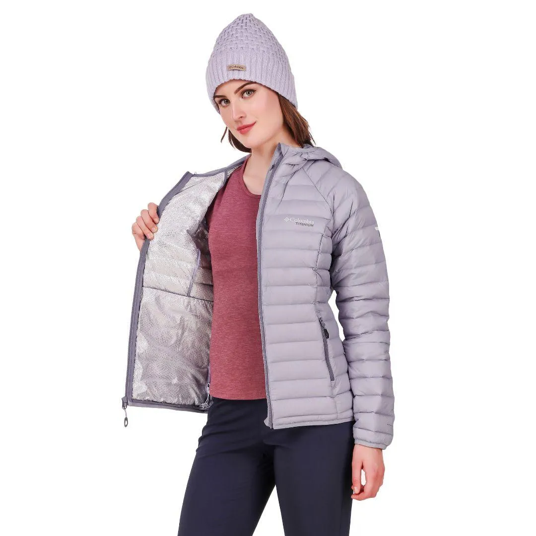 Columbia Women Purple Alpha Trail Down Hooded Jacket Bandana Double Layered Insulation
