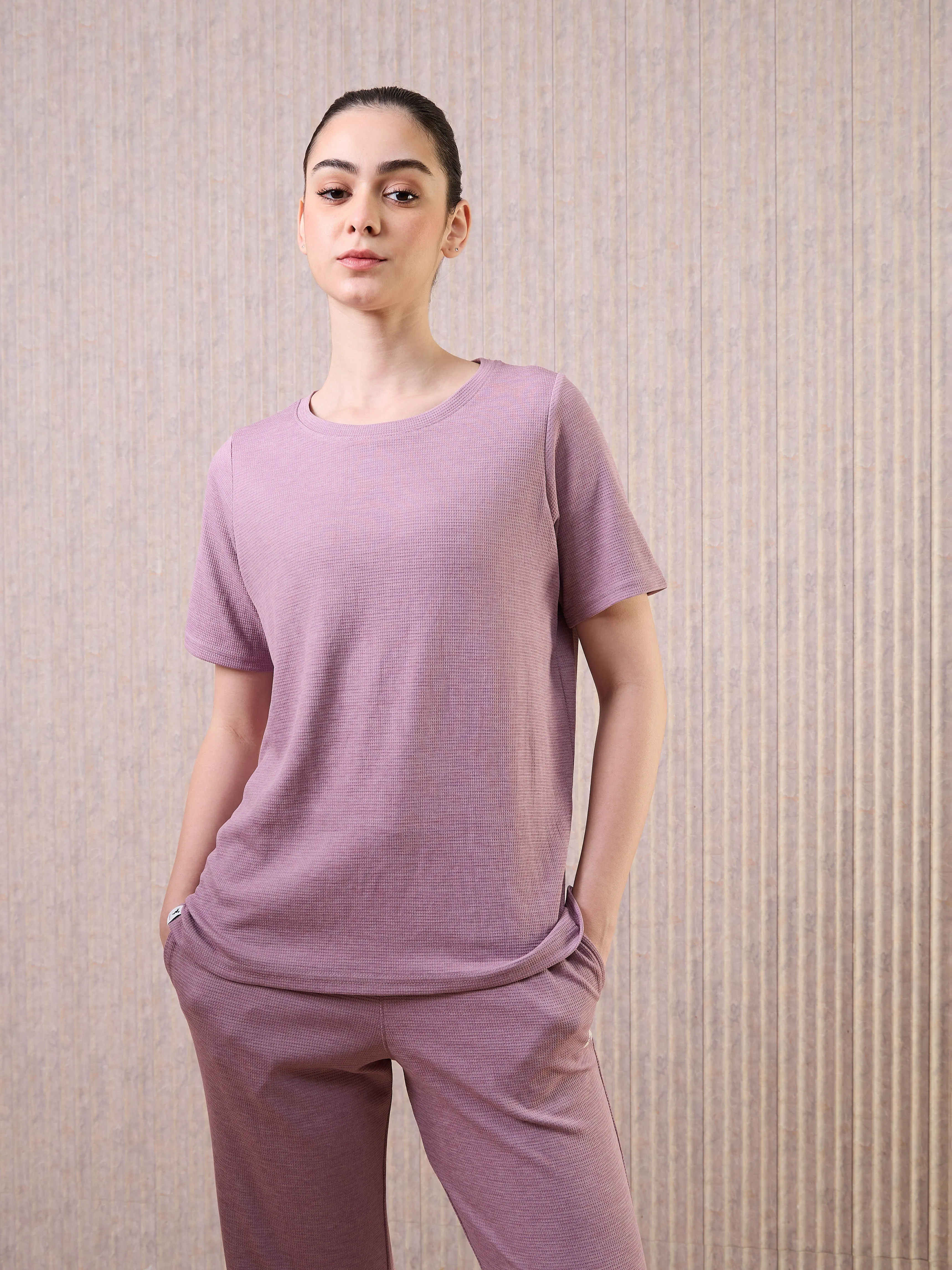 Fashionable Wear Women Cubic Melange Relaxed Fit Round Neck T-shirt with DOUBLE COOL